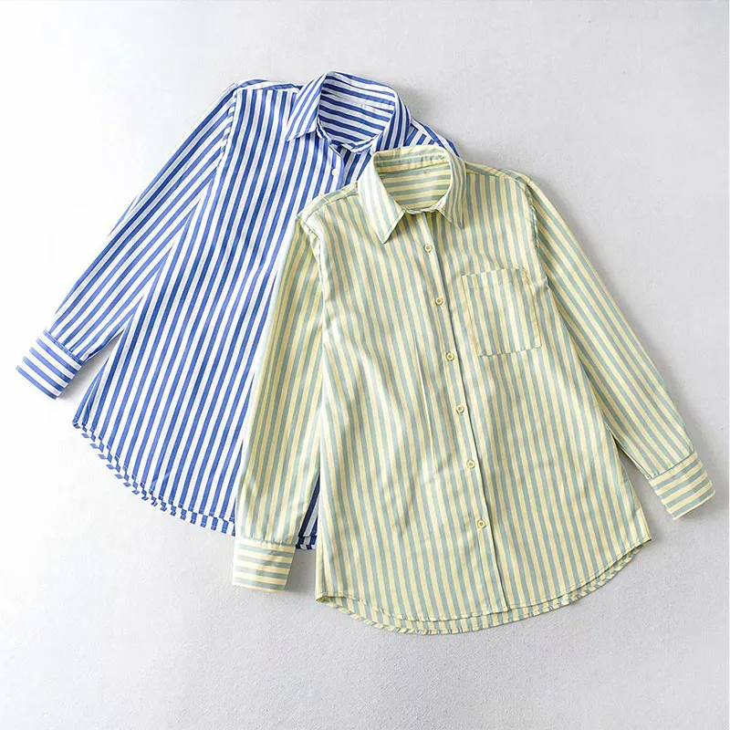 

Summer Plaid Stripe Women's Midi Shirts Casual Long Sleeve Single Breasted Shirt For Woman 2021 Streetwear Fashion New Lady Tops