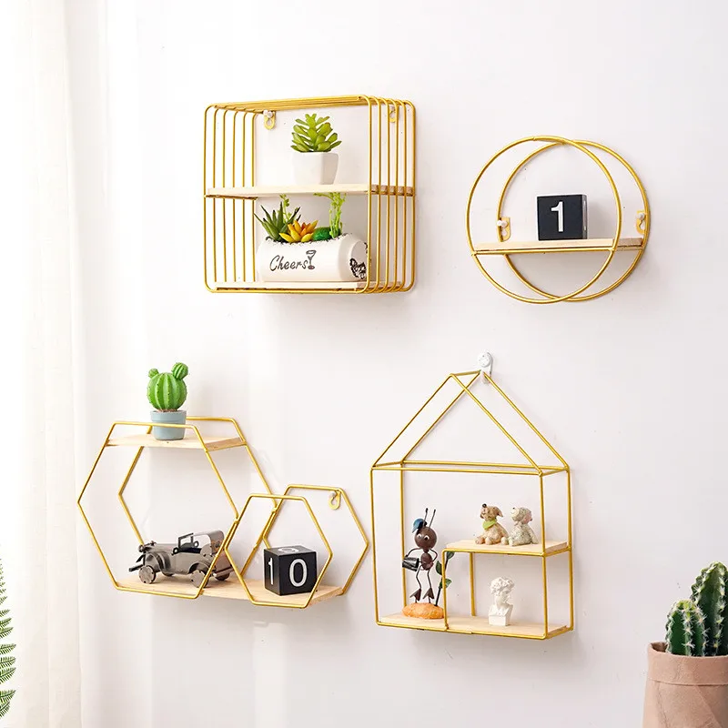 

Creative Metal Storage Holder Nordic Iron Multi-function Hanging Wall Shelf Home Livingroom Hexagon House Shape Decoration Racks