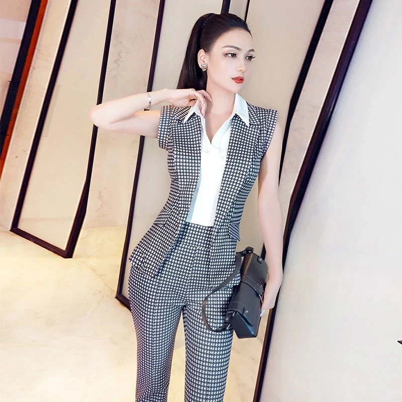 Women Two Pieces Sets 2022 Summer New Patchwork Shirt Tops with tie+Long Pencil Pant Trousers Office Lady 2 Suits |