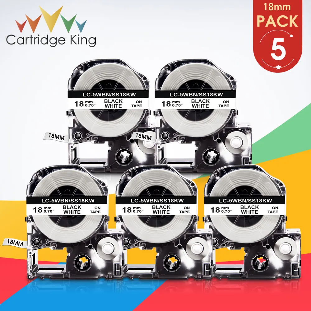 

5PK SS18KW Black on White 18mm Label Tape Compatible for Epson King Jim LabelWorks LW-C410 LW-400 LW-400L LW-K400 Label Printer