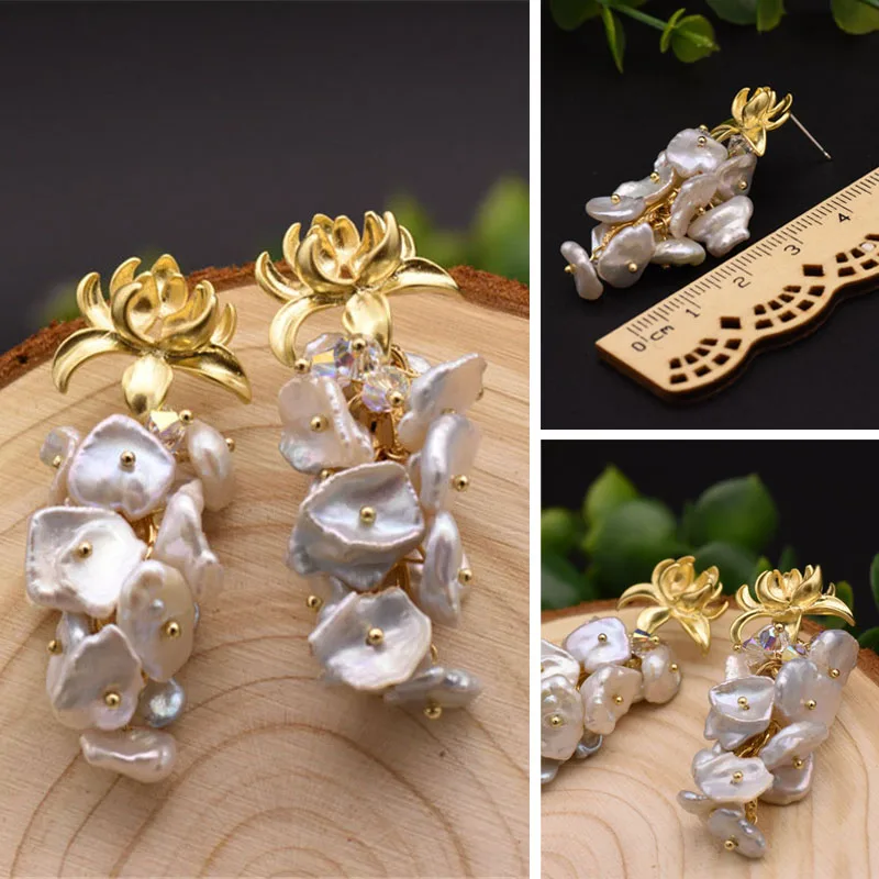 

New Natural Fresh Water Baroque Pearl Long Drop Earrings Plant Flower Dangle Earring Handmade Fine Jewelry Temperament Fashion