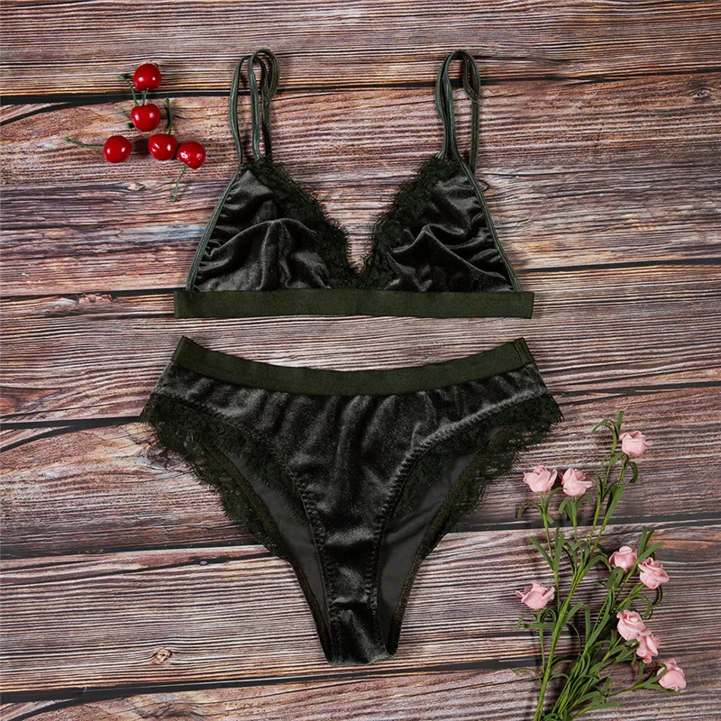 New Women Gold Velvet Underwear Set Sexy Lace Patchwork Triangle Cup Lingerie Fashion Pink Ultra-thin Push Up Bra Pants | Женская одежда