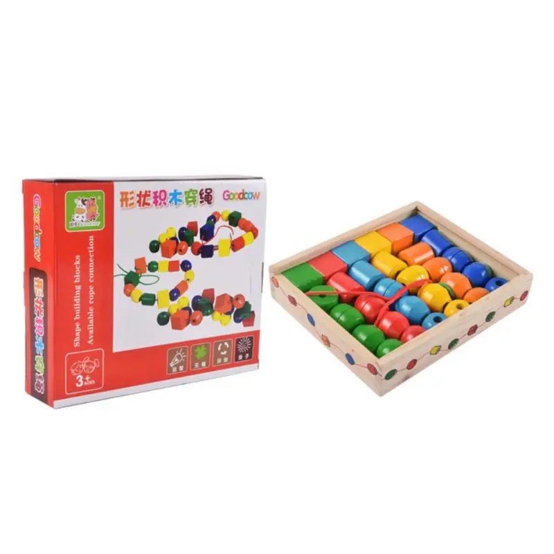 

Geometric Shape Wooden Lacing Beads Kids Montessori Blocks Threading Educational Toy Gift for Children R66D