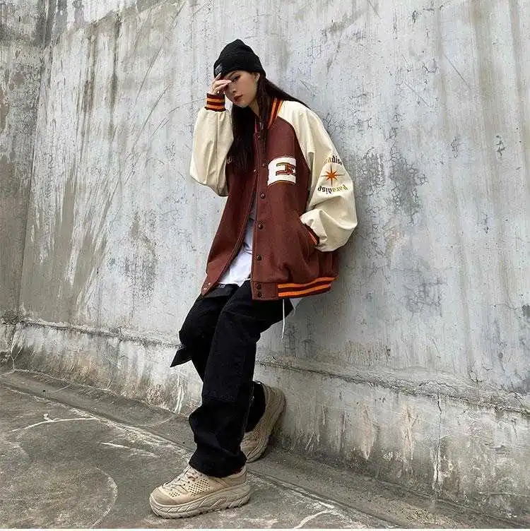 

Spring and Autumn American retro old school stitching baseball uniform jacket women oversized street casual trend jacket women
