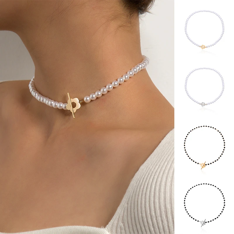 

Black Crystal Glass Bead Necklace Imitate Pearl Flower Lock Chain Necklace Women Charm Silver Gold Color Clavicle Chain
