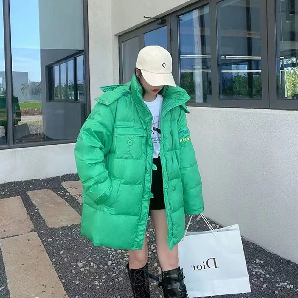 

Korea Women's Winter Hooded Jackets Loose Design Bread Warm Jacket Down Cotton-pad Oversize Parkas Coat Female Casual Outerwear