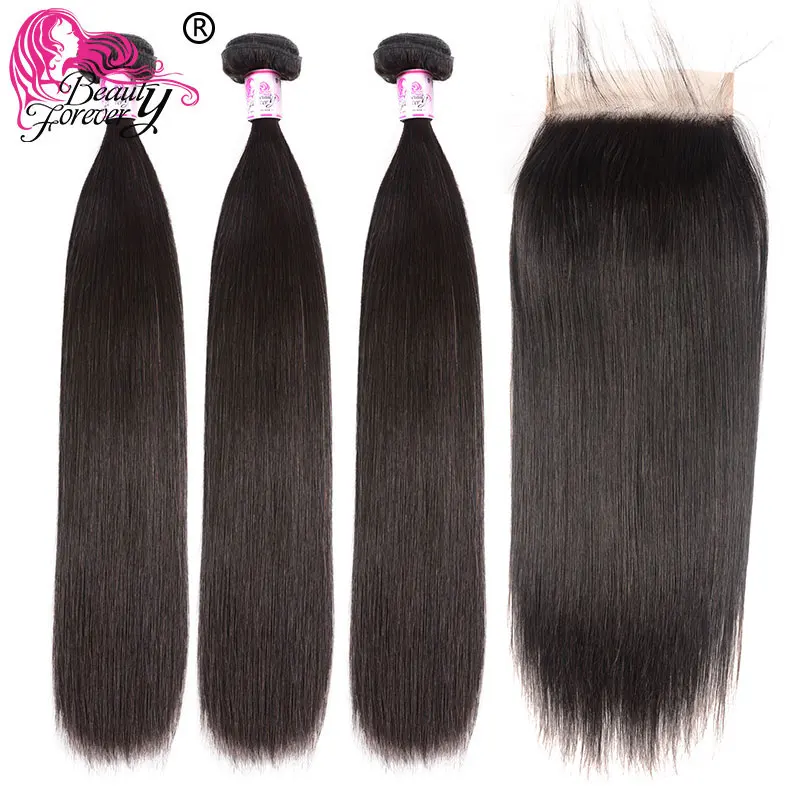 Прямые бразильские человеческие волосы Beauty Forever пучки с застежкой 4*4 без/средней