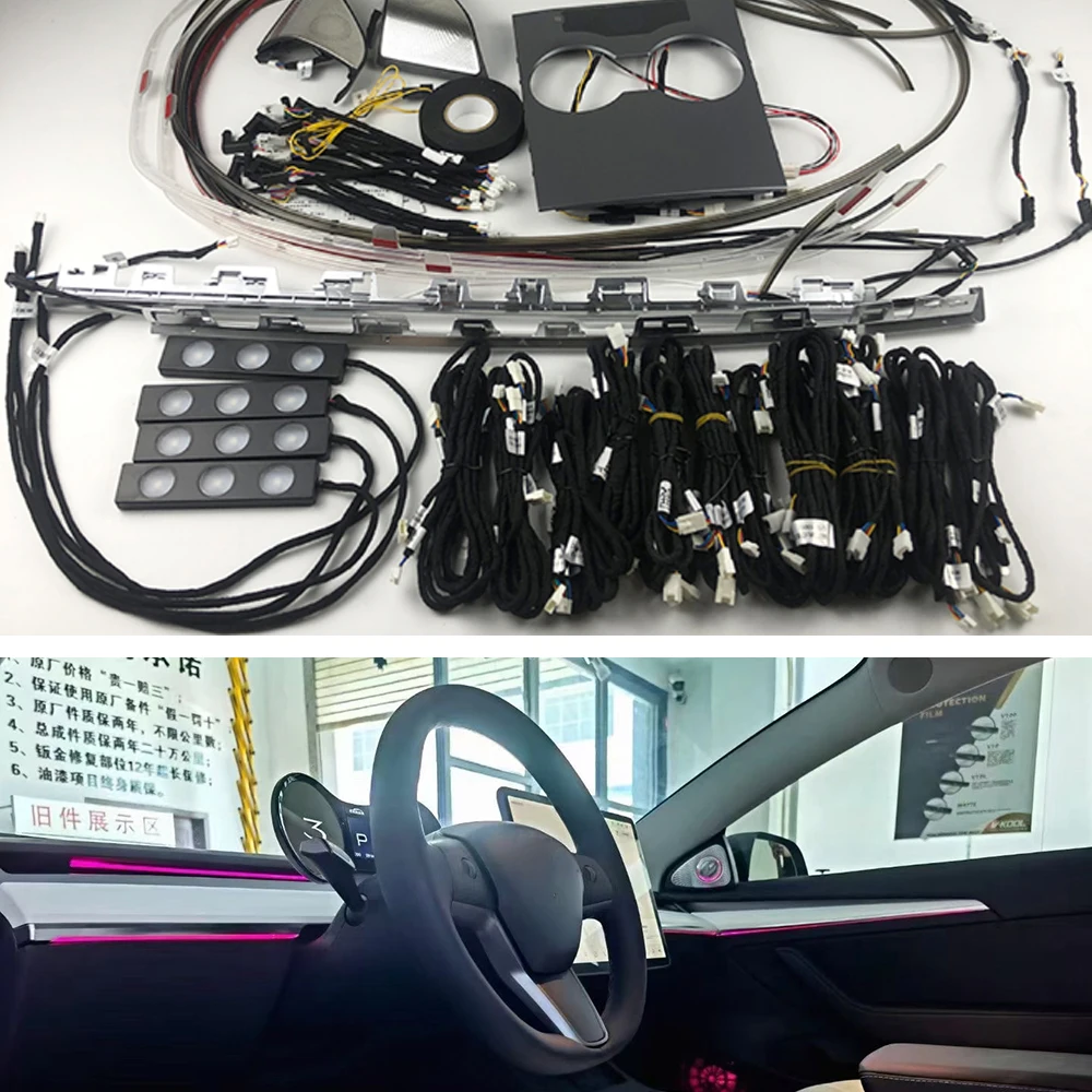 

Внутренний автомобильный светильник 64 для Tesla Model3 модель 3 2021 дверной динамик декоративная внутренняя лампа сенсорное управление центральн...