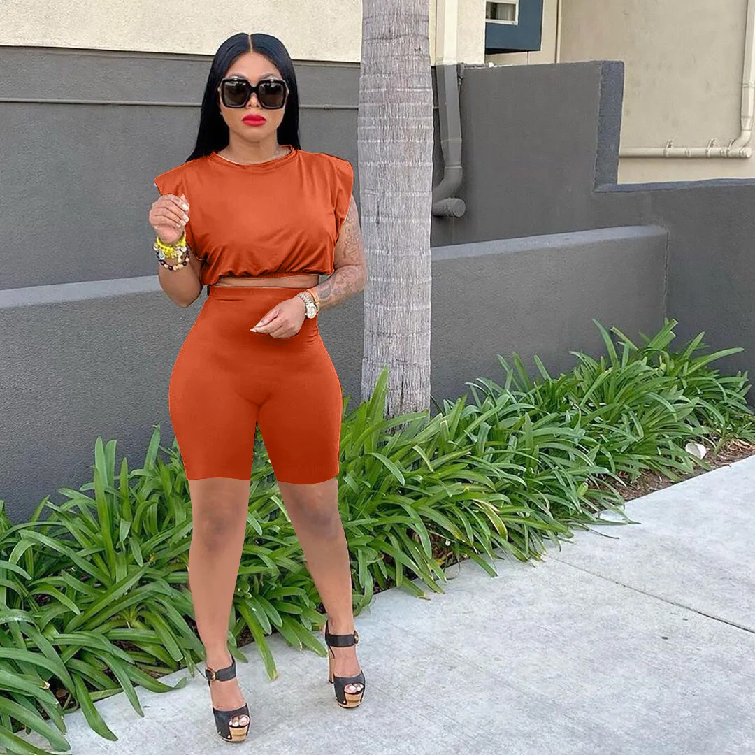 

Summer Women's Two-piece Sleeveless Shorts Shoulder Pads Solid Color Fashion Casual Straight Pants Ladies Suit