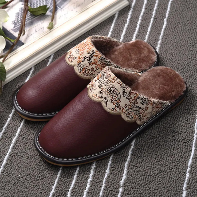 

Winter Women Slippers Genuine Leather Home House Indoor Non-Slip Thermal Shoes Men Warm Furry Slippers Plus Size Hot