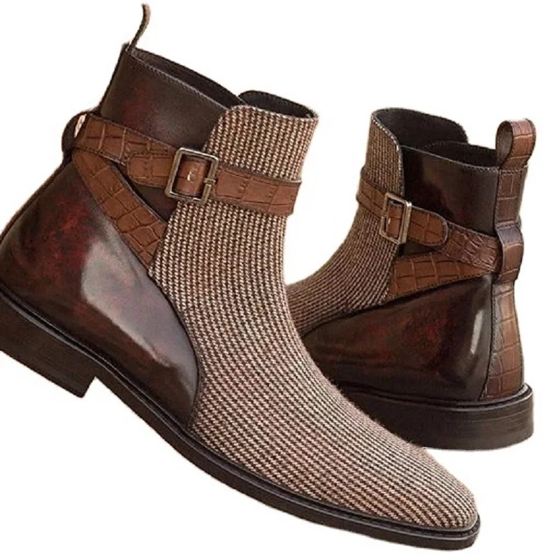 2020 Men's Shoes New Fashion Handmade Pu Leather Classic Monk Strap Boots Low Heel Stylish Casual Chelsea Boots Zapatos HC343