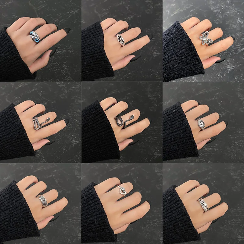Retro Silver Color Butterfly Snake Frog Ring For Men Women Punk Personality Geometric Antique Fashion Opening Adjustable Rings | Украшения