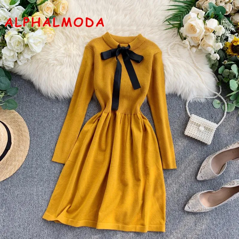 ALPHALMODA осеннее трикотажное платье с длинными рукавами и галстуком-бабочкой, милое женское платье с тонкой талией в консервативном стиле, трикотажное платье