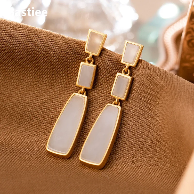 Bastiee Geometric Jade Drop Earrings For Women Stud Silver 925 Jewelry Gold Plating Office Lady