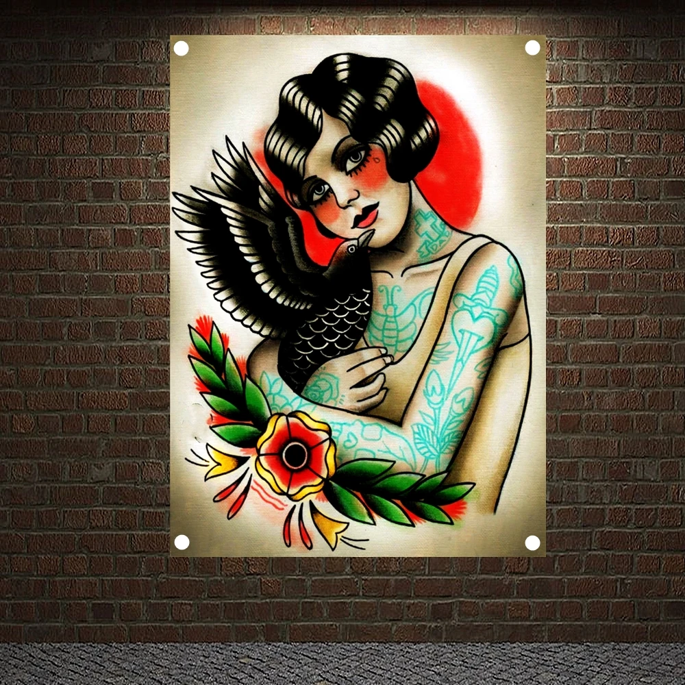 

Crow Flapper Tattoo Art Print Posters Banners Wall Chart Senior Art Waterproof Cloth Tapestry Flag Home Decoration Upholstery