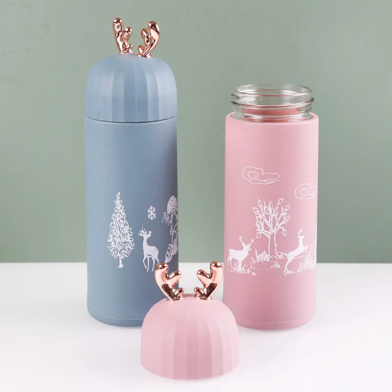 

New Creative Antler Cartoon Mug Men And Women Universal Double Plastic Shell Heat Insulation Glass Water Bottle Carry Rope Cup