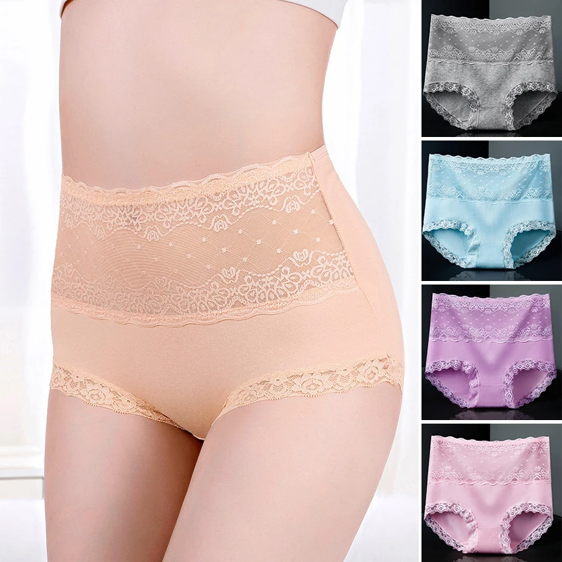 

Women's Underwear Panties Sexy Lace Mid-Waist Briefs High-Elasticity Female Underpants Cotton Crotch Plus Size Lingerie