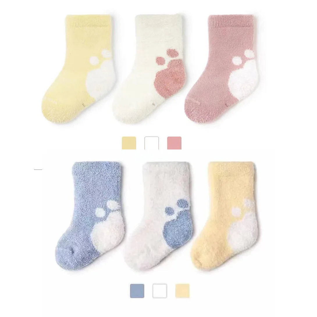 

3 пары/Лот осень-зима бархатные толстые теплые носки для новорожденных носки из чесаного хлопка в виде медвежьих лап детские носки из кораллового флиса детские носки
