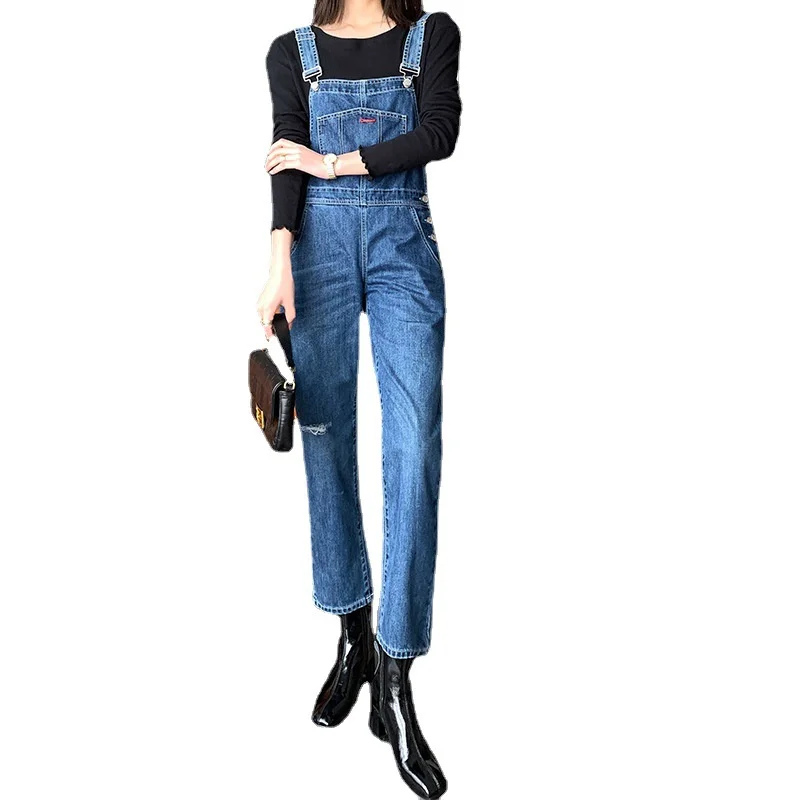 

2021 High Quality Blue Slim Ripped Denim Women Overalls Jeans Pants Ripped Overalls Straps Jumpsuit Rompers Loose Jumpsuit Femme