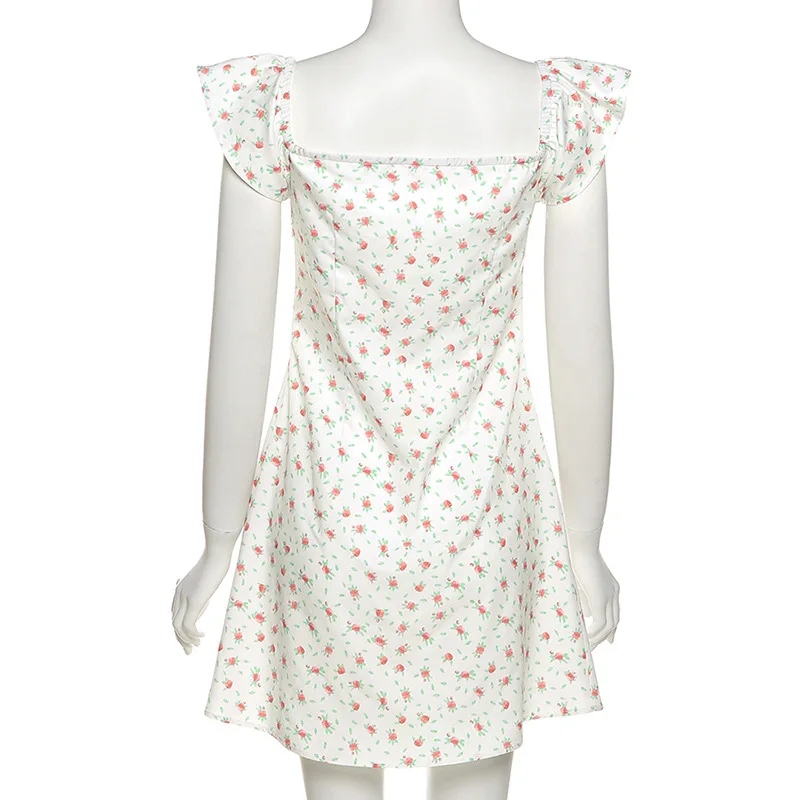 

2021 Summer Y2k Girls Butterfly Sleeves Streetwear Fashion Pink Floral Print Mini A-line Dress Bow Tied Off The Shoulder Dress