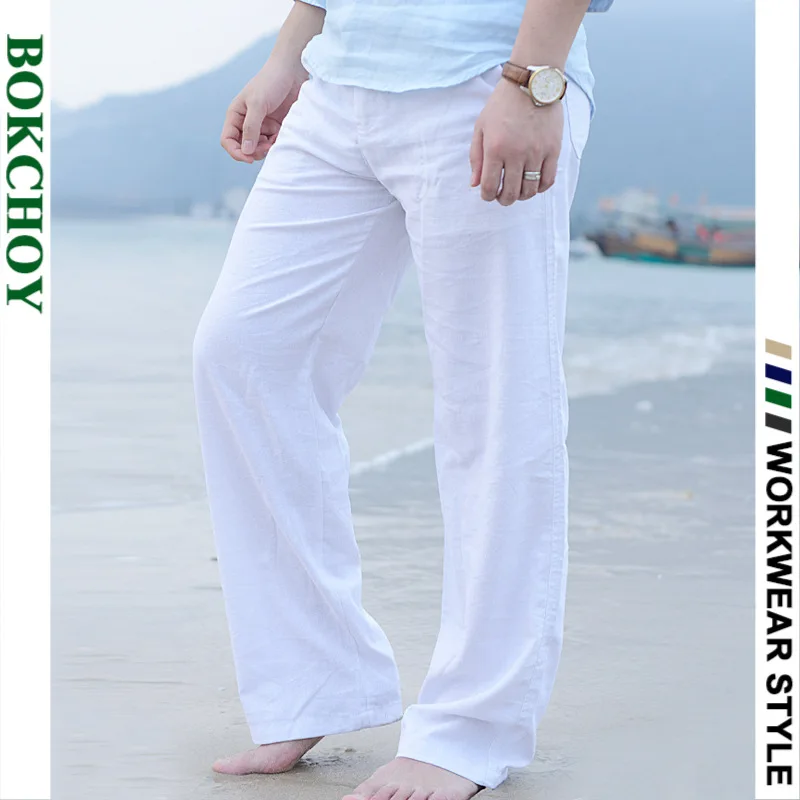 Брюки мужские повседневные льняные свободные пляжные штаны хлопковые с