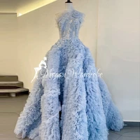 real image pretty appliques sequined 3d flowers tulle dress women princess one shoulder pleated a line long evening prom gownes