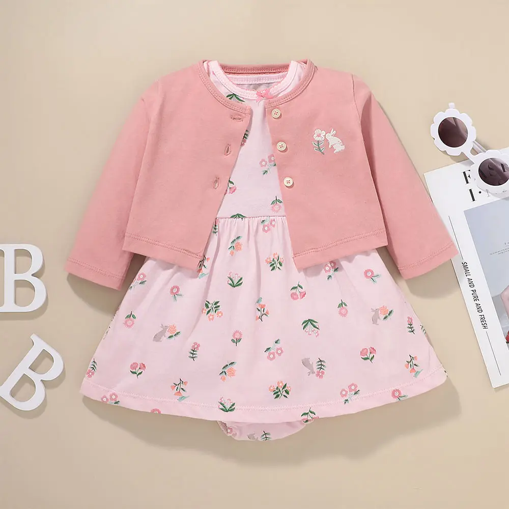 

2 шт., однотонный комбинезон на пуговицах с длинным рукавом и цветочным принтом