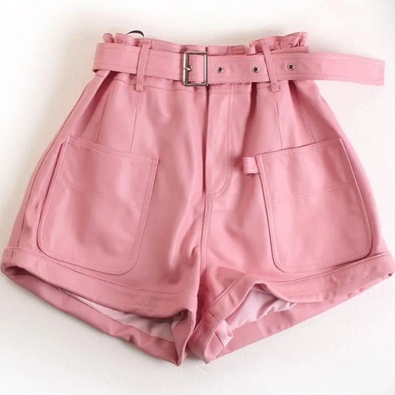 Pink Genuine Leather Shorts Women Casual Elastic High Waist Wide Leg A-Line Shorts Autumn Winter Pocket Loose Sheepskin Shorts