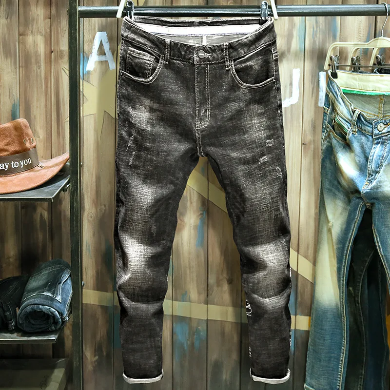 summer 2021 hot heavy embroidery black mens jeans small feet slim brand authentic high end stretch pants korean chinese style free global shipping