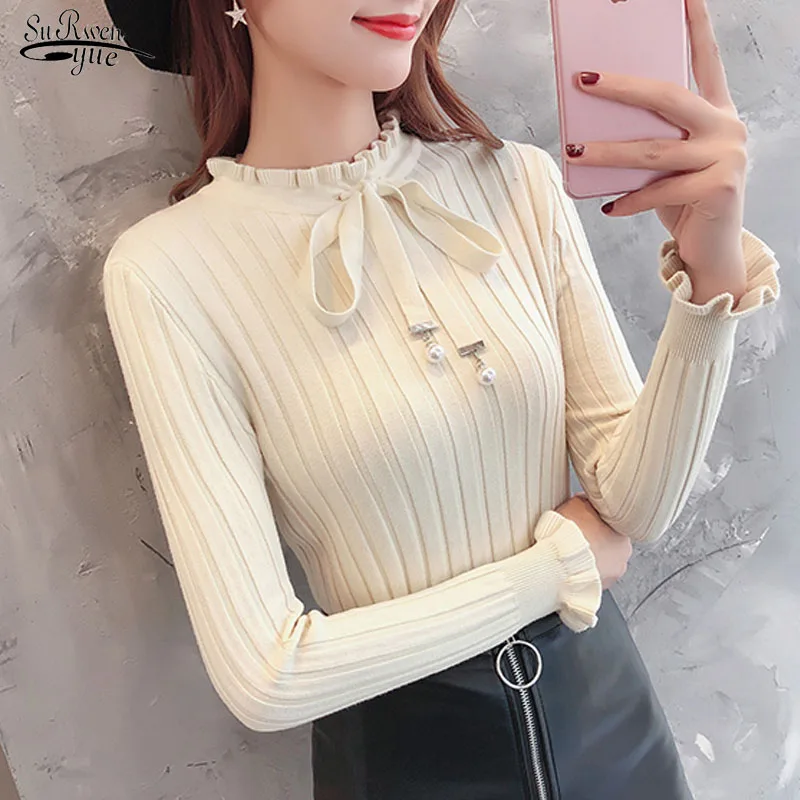 

2020 Autumn Long Sleeve Solid Sweater Knitted Sweater Women Korean Slim Bow Office Lady Clothing Bottoming Ruffle Pullover 10367