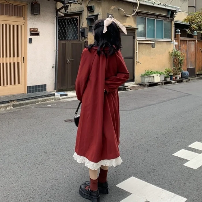 

Japanese Style Doll Collar Stitching Lace Christmas Red Dress Small Fairy Lady Super Fairy Mori Sweet Spring, Autumn and Winter