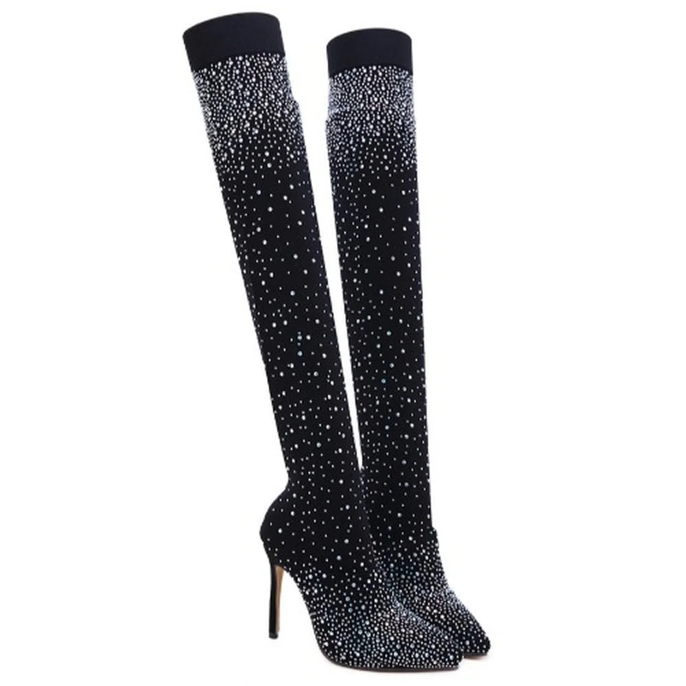 

Rhinestone Over The Knee High Boots Womens Pointed Toe Stretchy Socks Stilettos High Heel Shoes Sexy Plus Size New 2022