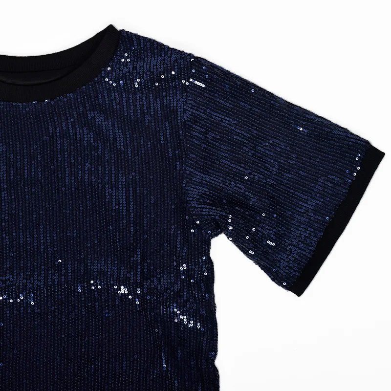 Летние сетки шить Футболка с пайетками свободная темно-синие футболки бисером