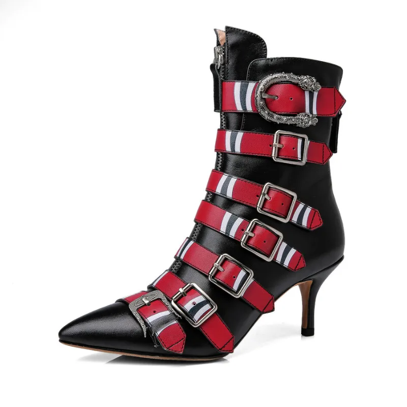 

Xiuningyan Women Ankle Boots Genuine Leather Thin High Heel Pointed Toe Botas Mujer Female Short Buckle Rubber Knight Boots 2020