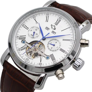 Часы наручные Мужские автоматические механические, модные брендовые Роскошные с календарем, днем, неделей и годом, с кожаным ремешком