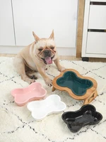 ceramics pet dog cat water eating bowl for small large dogs puppy cat drinking feeder pet supplies bone shape with wooden stand
