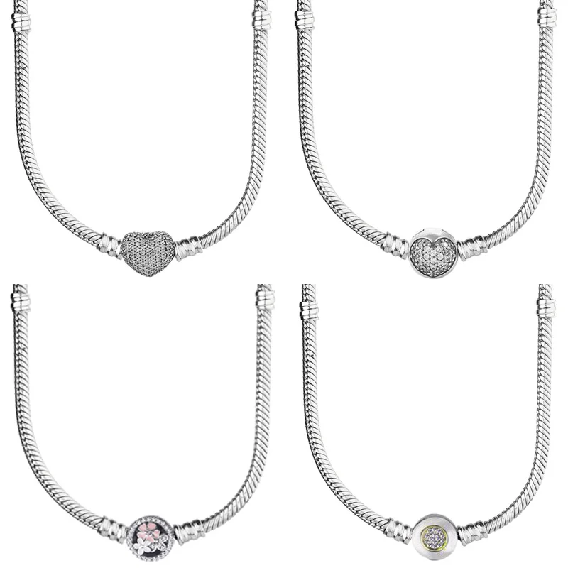 

Pave Love Heart Two-Tone Signature Pink Poetic Blooms Clasp Snake Chain 925 Silver Necklace For pandora Bead Charm DIY Jewelry