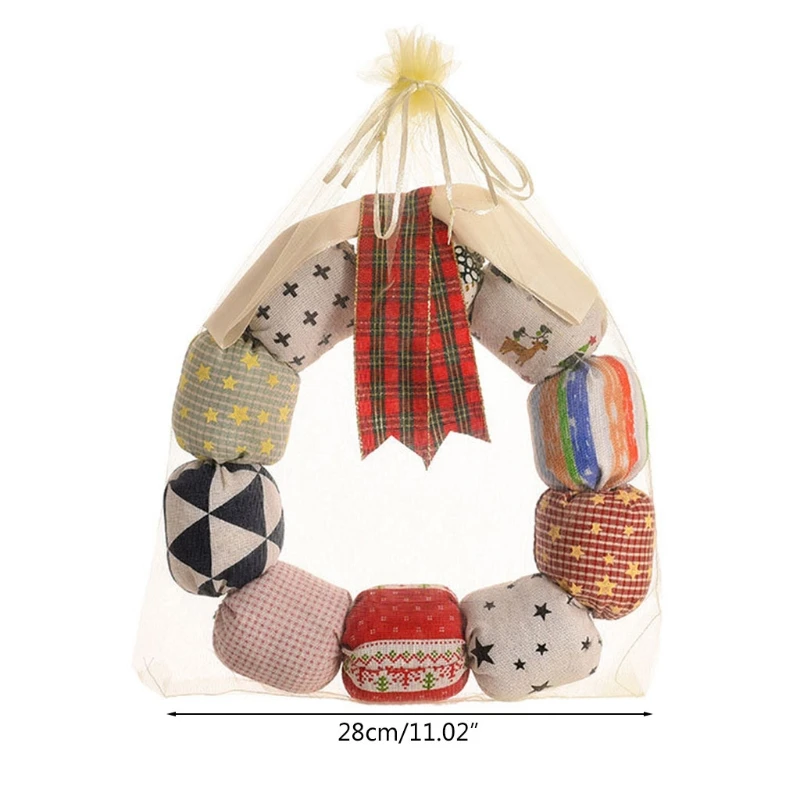 

F2TE Christmas Vintage Bowknot Front Door Wreath Stuffed Cloth Wrapped Rustic Farmhouse Hanging Garland Kids Toy Party Home Wall