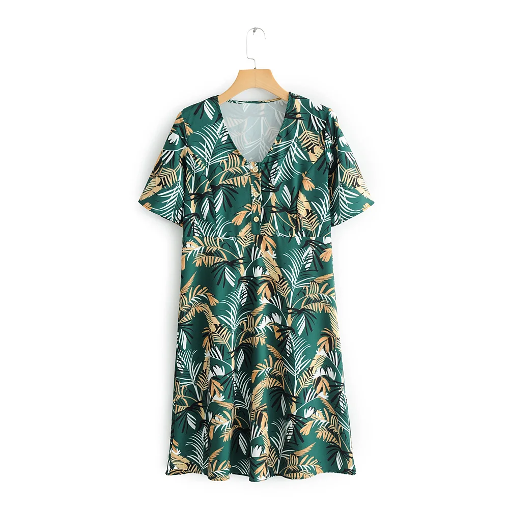 Женское платье до колена с принтом зеленое прямое v образным вырезом и коротким