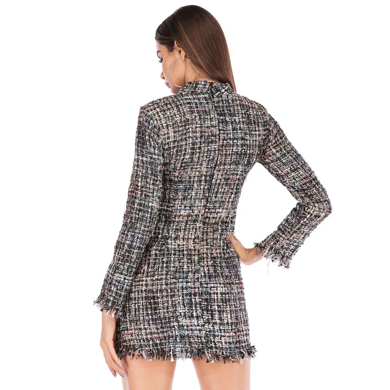 

2019 Office lady plaid winter dress Long sleeve stand collar thick warm tassel dress Fashion slim female vestido
