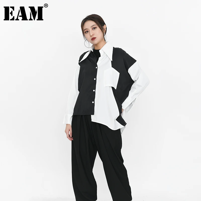 

[EAM] Женская черная белая блузка большого размера с отворотом и длинным рукавом, свободная рубашка, модная весенне-осенняя 2021 1DD209601