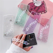 Bling Glitter Bracelet Chain Phone Case For Oppo Realme 8 Pro 7 6 C3 5 Pro Find X2 Lite C20 C17 C15 X7 Pro Wriststrap Back Cover