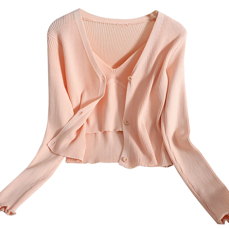

Kimutomo Women Suit 2021 Spring New Fashion Korean V-neck Long Sleeve Breasted Cardigans + Knitted Solid Sling Two Piece Set