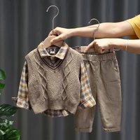 baby boys 3 piece sets 2 9 years old kids spring and autumn clothing childrens diamond check sweater vestplaid shirtoveralls