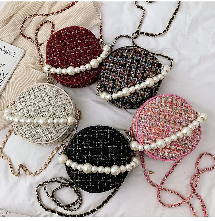 bolsos модные женские сумки-почтальон, круглая сумка на плечо, дизайнерская сумка через плечо, твидовые сумки для женщин, жемчужное колье, сумка