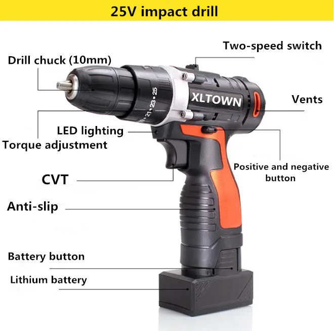XLTOWN Two-speed impact drill rechargeable lithium battery electric screwdriver household hand with function | Инструменты