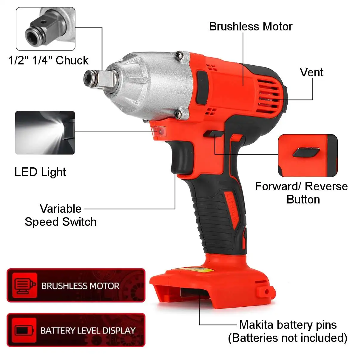 

2 in1 18V 520N.m. Li-Ion Brushless Cordless Electric 1/2"Wrench 1/4"Screwdriver Drill Replacement for Makita Battery