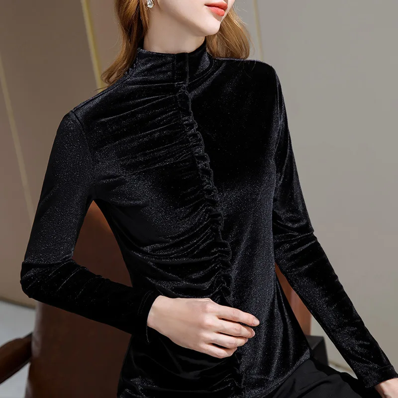 

Half high collar velvet base shirt with long sleeve T-shirt for women in autumn and winter