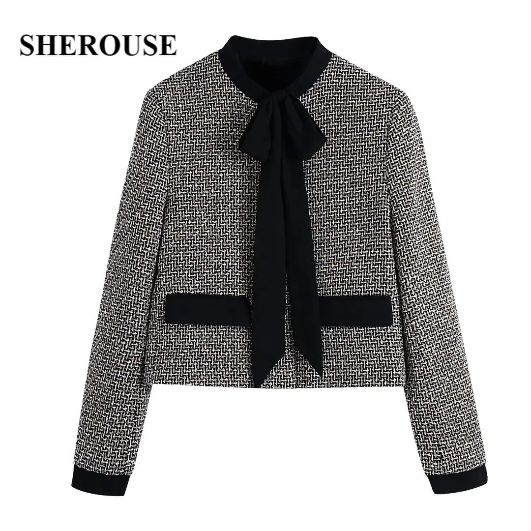 

Sherouse Women Elegant Textured Blazer with Bow Detail Round Neck Long Sleeves Office Lady Jacket Woman Casual Blazer Suit
