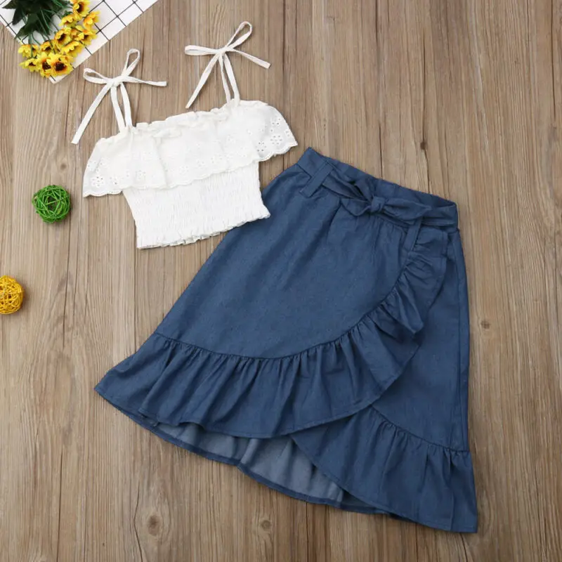 

Pudcoco Summer Kids Baby Girls Princess Lace Princess Sling Top+Ruffle Vest Denim Skirt 2pcs Children Clothes For Girls